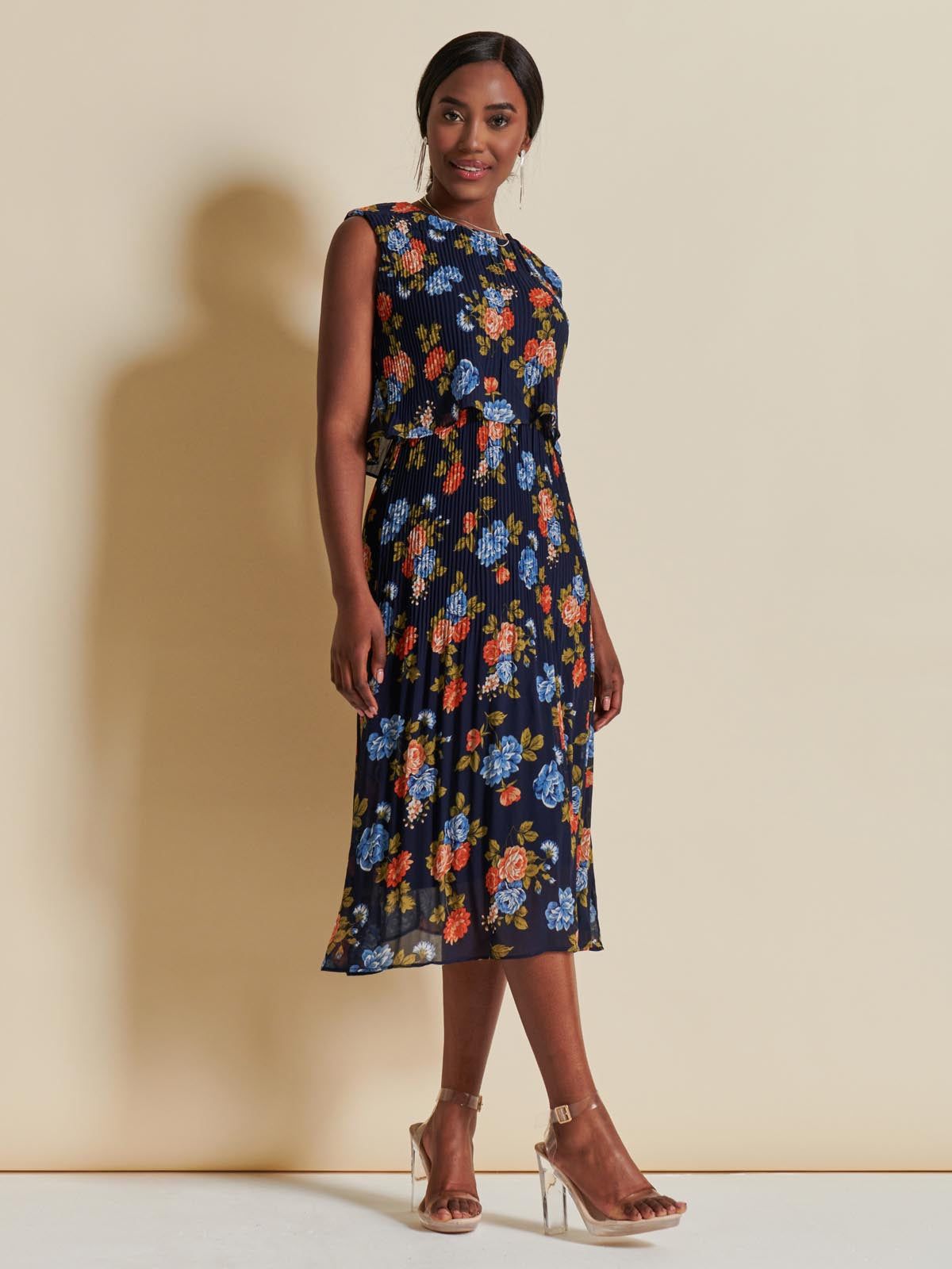 Chiffon Pleated Overlay Midi Dress, Navy Orange Floral