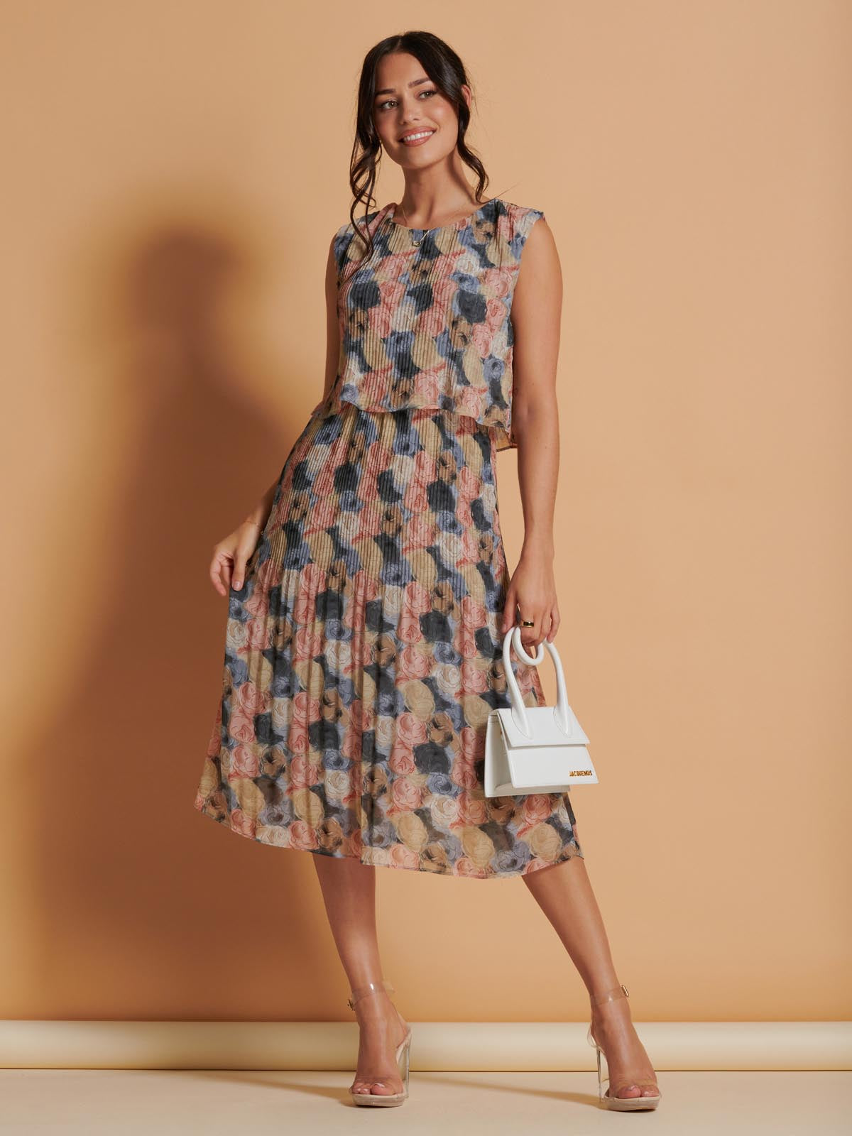 Chiffon Pleated Overlay Midi Dress, Pink Multi