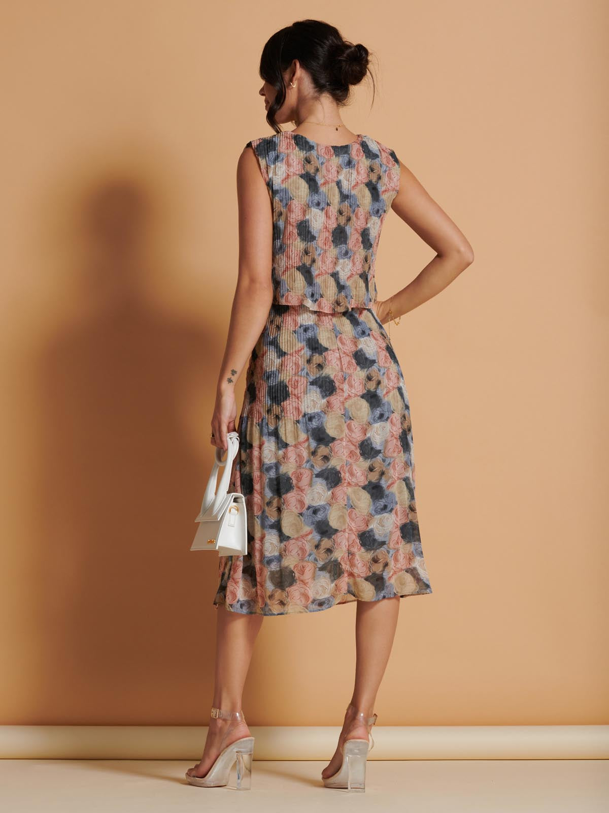Chiffon Pleated Overlay Midi Dress, Pink Multi