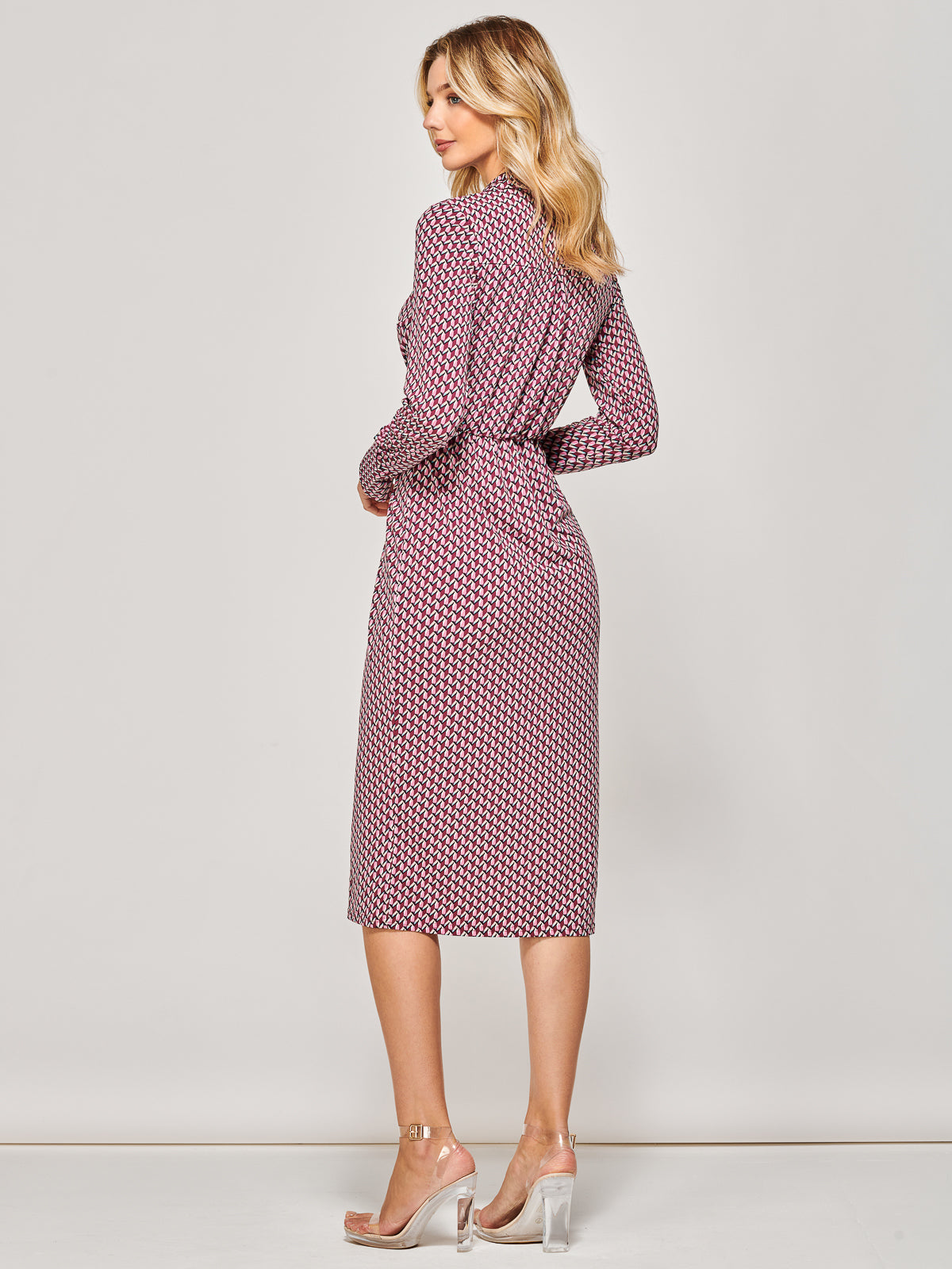 Long Sleeve Wrap Midi Shirt Dress, Pink Geometric