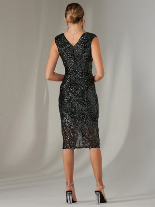 Demi Sequin Wrap Slit Bodycon Dress, Black