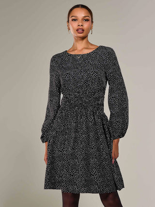 Long Sleeve Ruched Waist Midi Dress, Black Polka