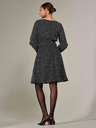 Long Sleeve Ruched Waist Midi Dress, Black Polka
