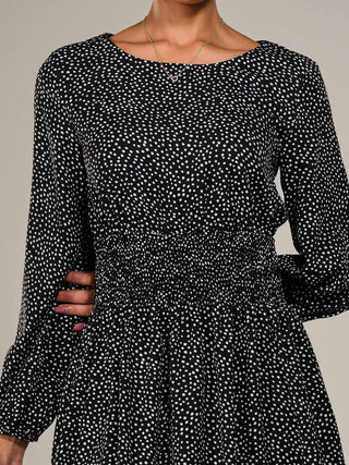 Long Sleeve Ruched Waist Midi Dress, Black Polka