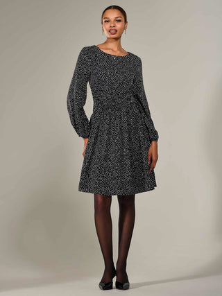 Long Sleeve Ruched Waist Midi Dress, Black Polka