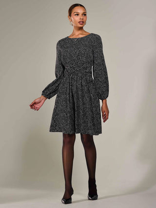 Long Sleeve Ruched Waist Midi Dress, Black Polka