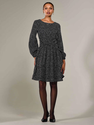 Long Sleeve Ruched Waist Midi Dress, Black Polka