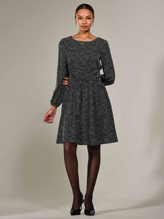 Long Sleeve Ruched Waist Midi Dress, Black Polka