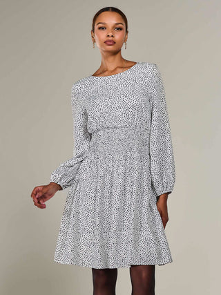 Long Sleeve Ruched Waist Midi Dress, White Polka