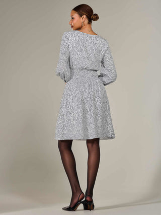 Long Sleeve Ruched Waist Midi Dress, White Polka