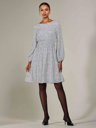 Long Sleeve Ruched Waist Midi Dress, White Polka