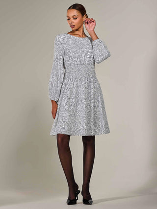 Long Sleeve Ruched Waist Midi Dress, White Polka