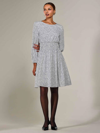 Long Sleeve Ruched Waist Midi Dress, White Polka