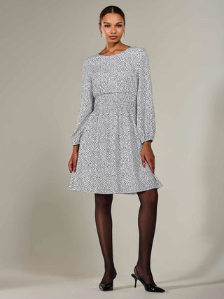 Long Sleeve Ruched Waist Midi Dress, White Polka