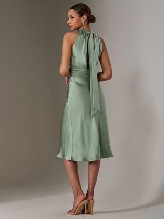 Satin Halter Neck Midi Dress, Green