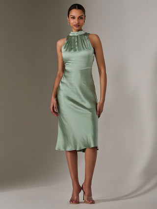 Satin Halter Neck Midi Dress, Green