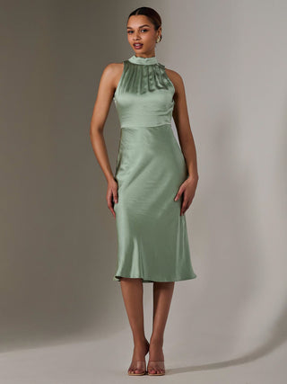 Satin Halter Neck Midi Dress, Green
