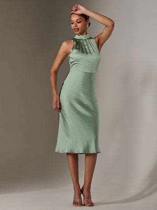 Satin Halter Neck Midi Dress, Green