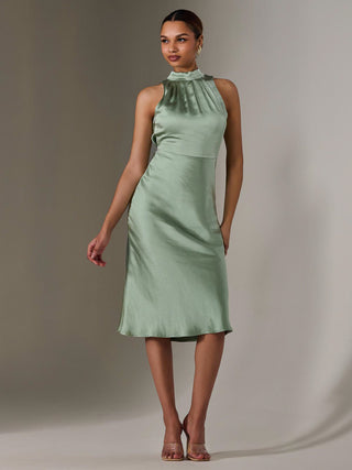 Satin Halter Neck Midi Dress, Green