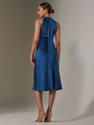Satin Halter Neck Midi Dress, Navy