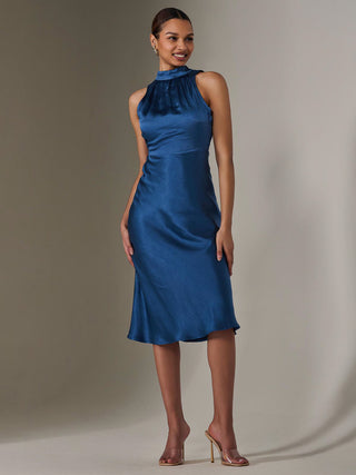 Satin Halter Neck Midi Dress, Navy