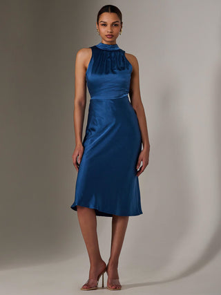 Satin Halter Neck Midi Dress, Navy