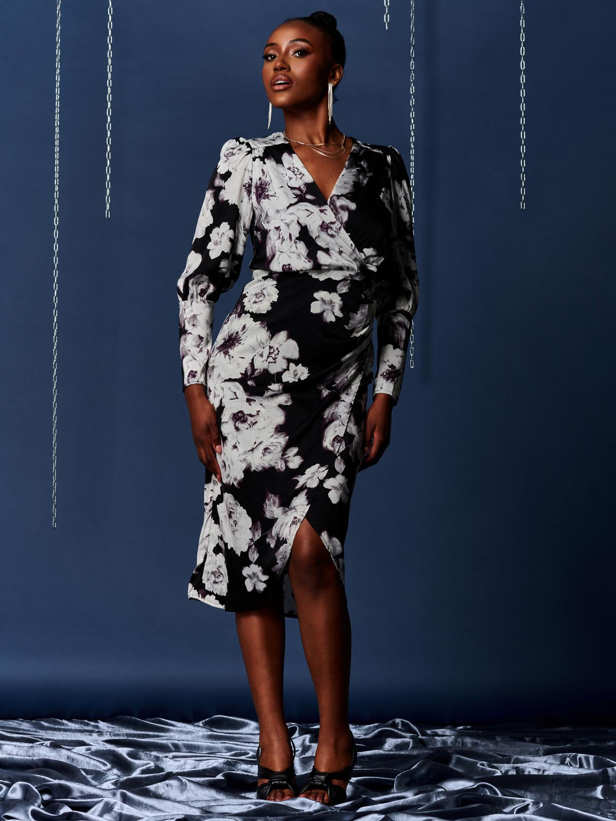 Print Satin Wrap Bodycon Dress, Black Floral