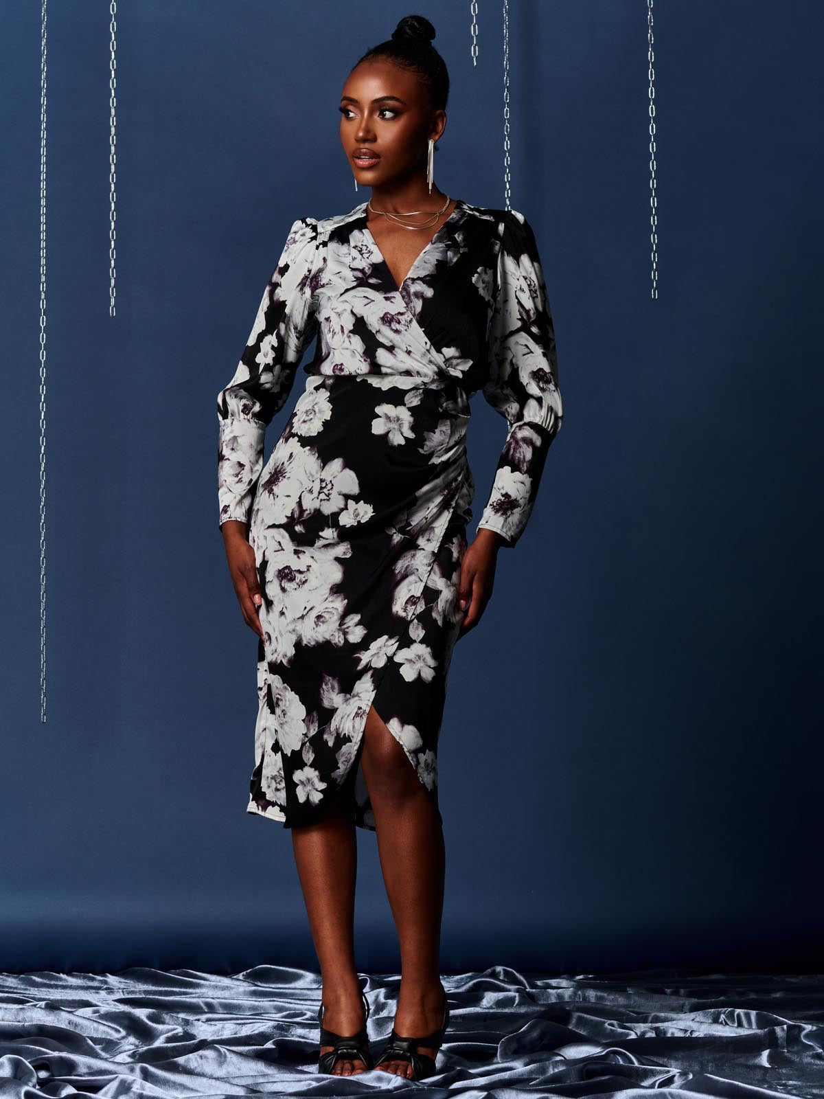 Print Satin Wrap Bodycon Dress, Black Floral