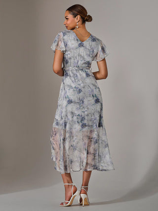 Chiffon Wrap Midi Dress, Blue Floral