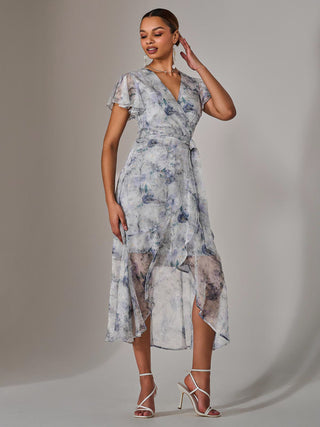 Chiffon Wrap Midi Dress, Blue Floral