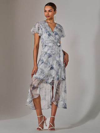 Chiffon Wrap Midi Dress, Blue Floral