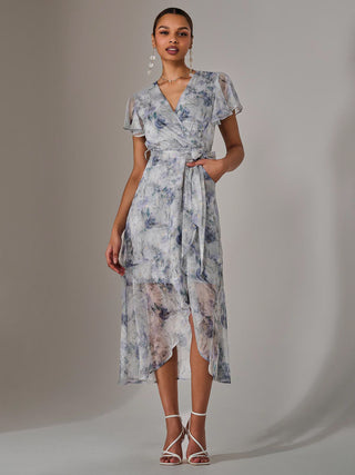 Chiffon Wrap Midi Dress, Blue Floral