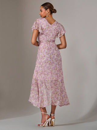 Chiffon Wrap Midi Dress, Pink Floral