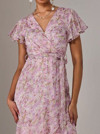 Chiffon Wrap Midi Dress, Pink Floral
