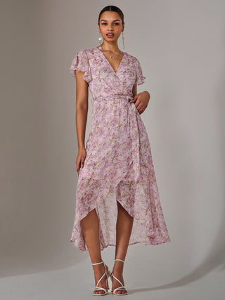 Chiffon Wrap Midi Dress, Pink Floral