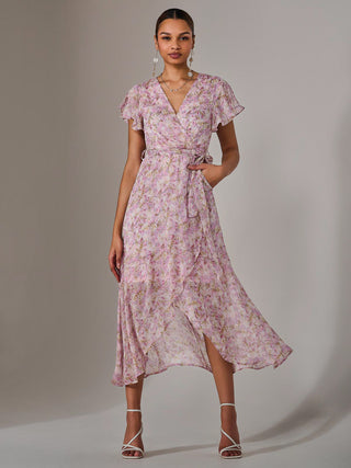 Chiffon Wrap Midi Dress, Pink Floral