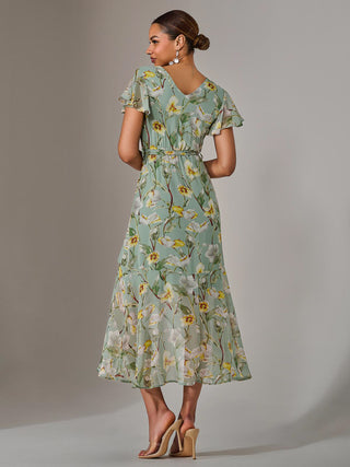 Chiffon Wrap Midi Dress, Teal Floral