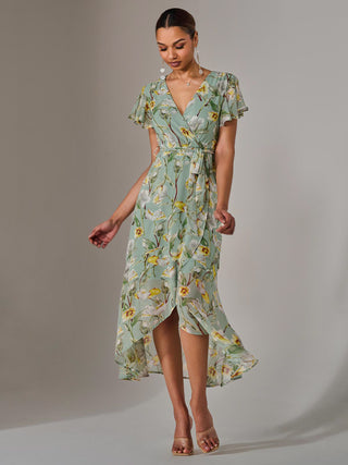 Chiffon Wrap Midi Dress, Teal Floral