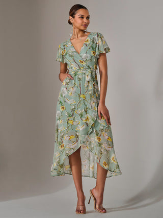 Chiffon Wrap Midi Dress, Teal Floral