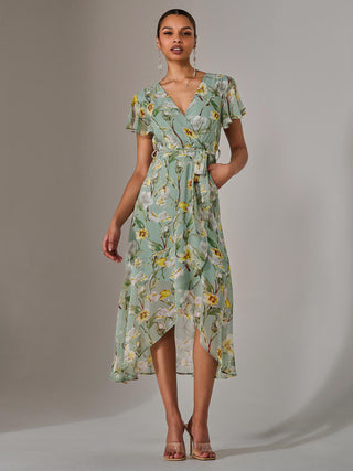Chiffon Wrap Midi Dress, Teal Floral