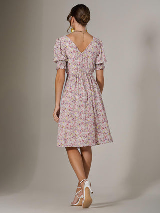 Puff Sleeve Midi Dress, Pink Floral