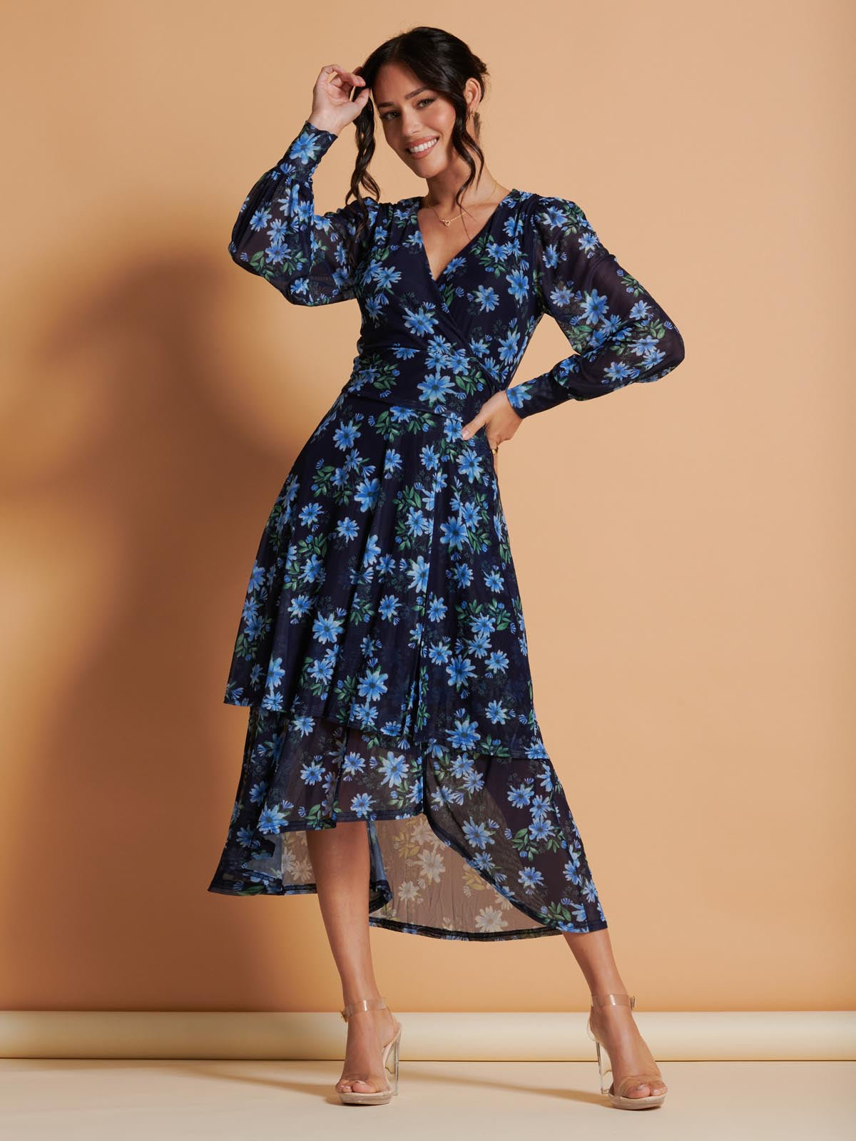 Asymmetrical Hem Mesh Midi Dress, Navy Floral