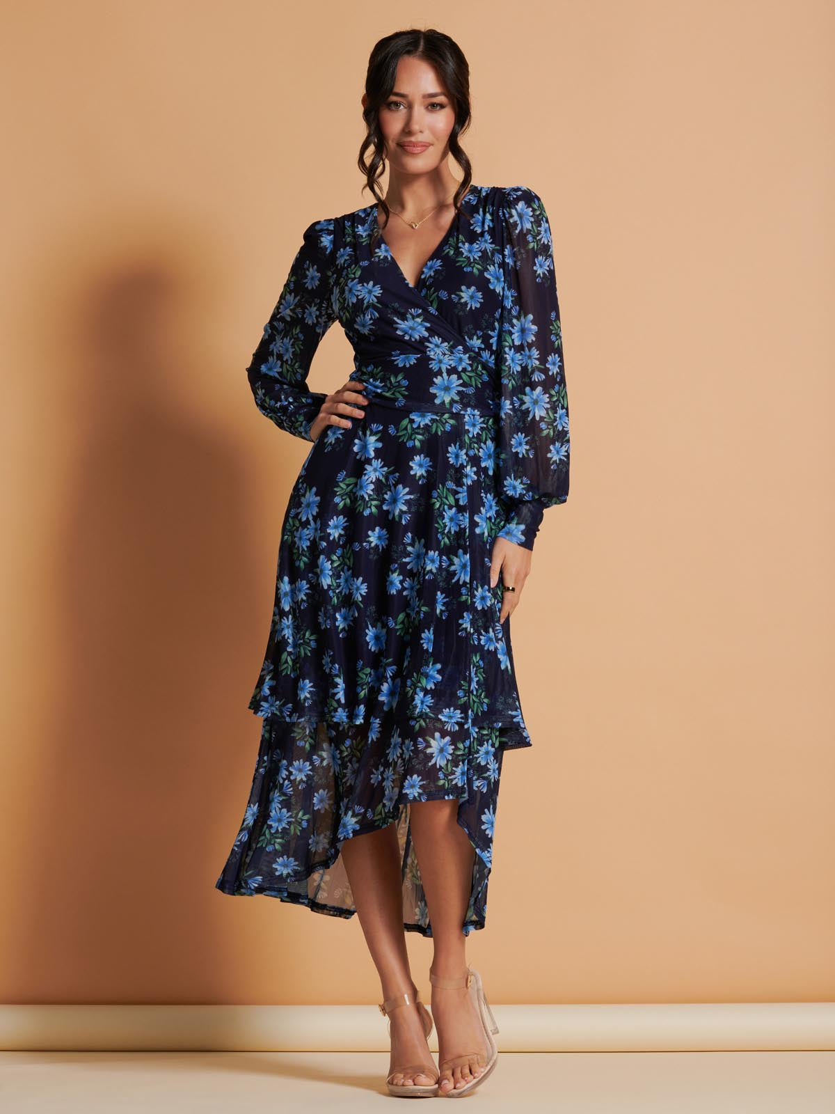 Asymmetrical Hem Mesh Midi Dress, Navy Floral