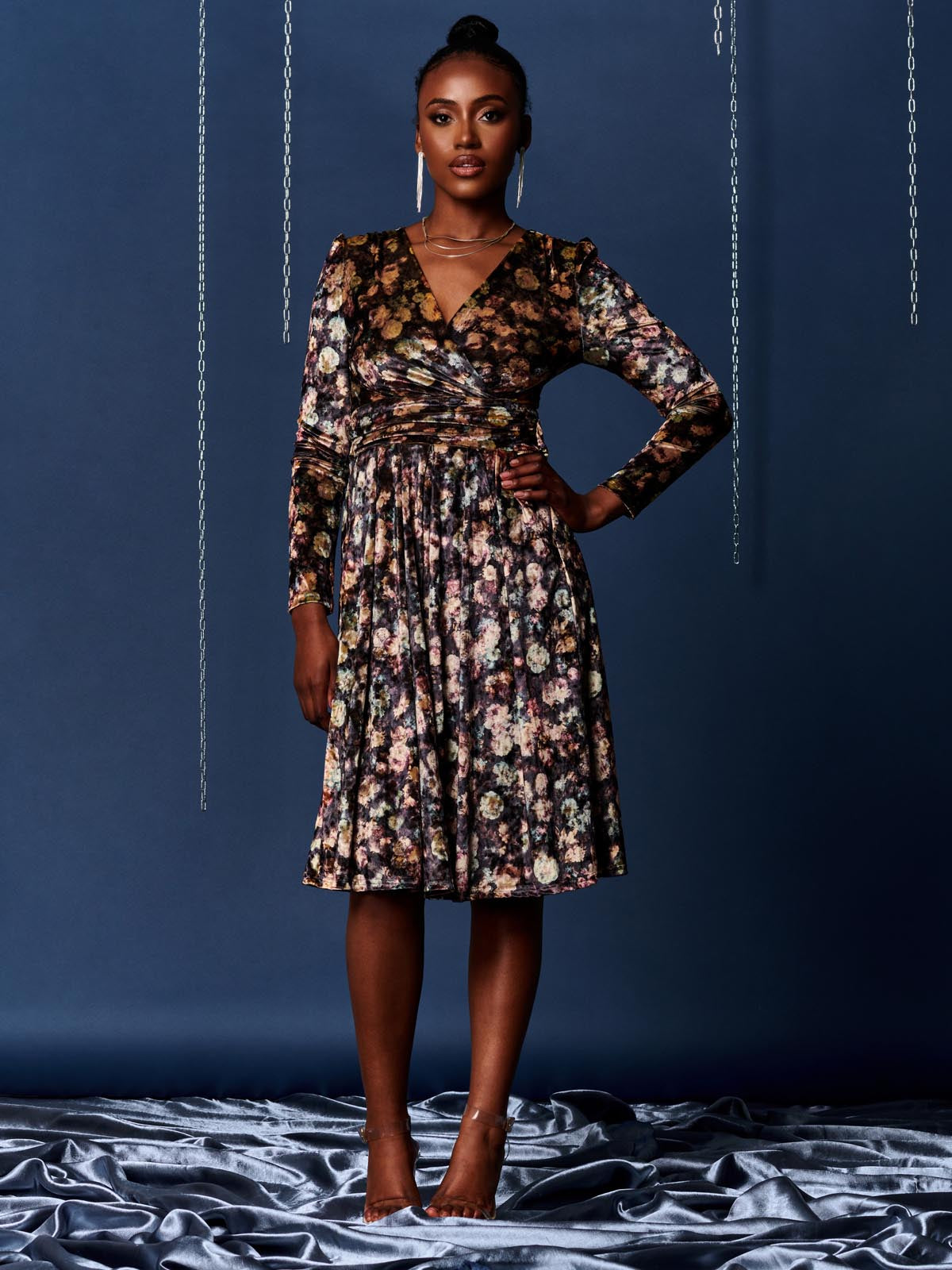 Floral Print Velvet Dress, Black Floral
