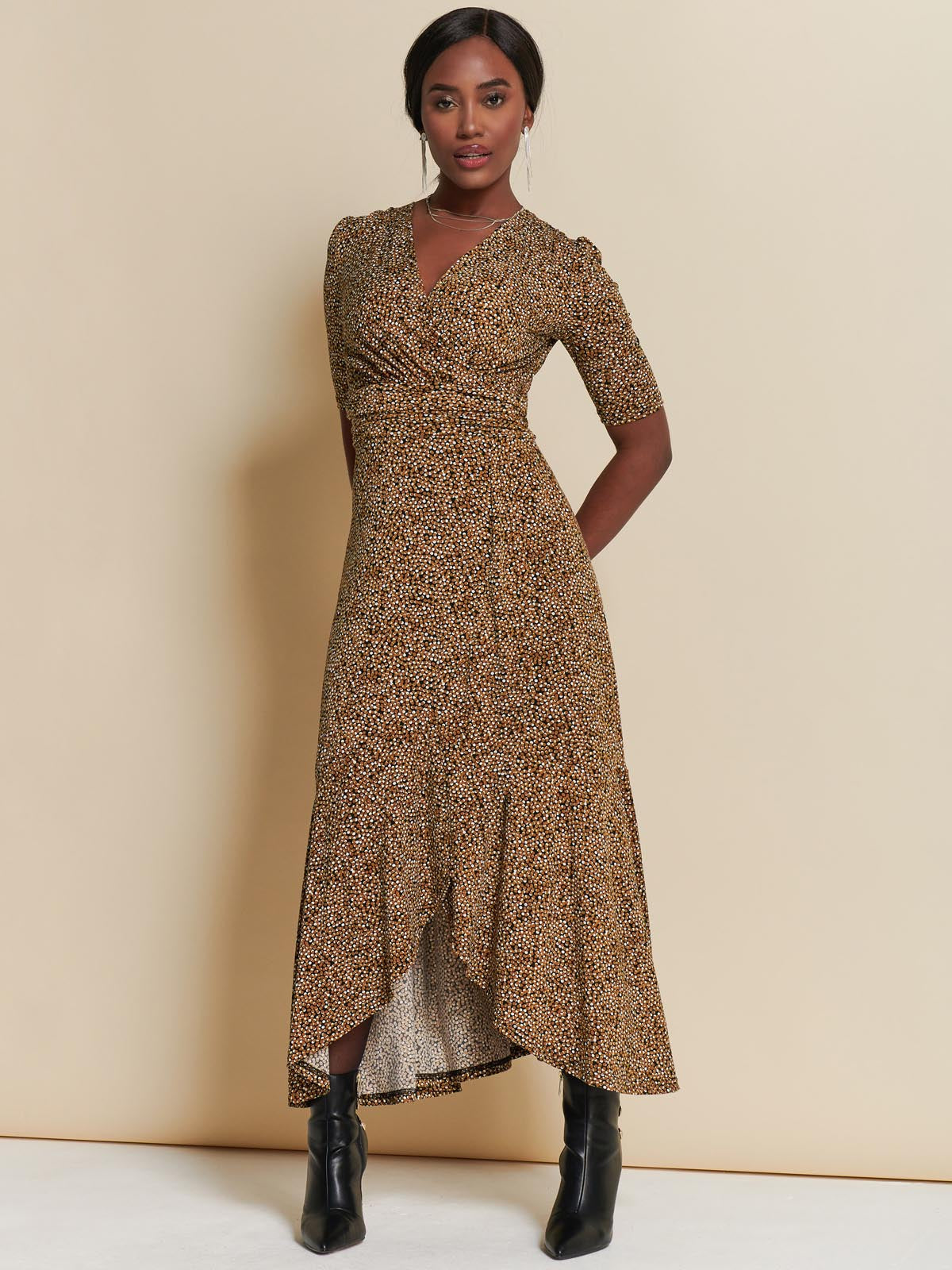 Print Viscose Frill Hem Maxi Dress, Black Spot