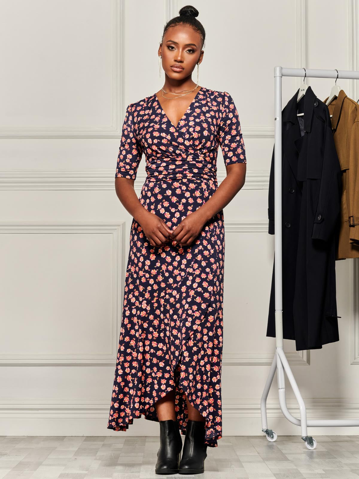 Print Viscose Frill Hem Maxi Dress, Navy Floral