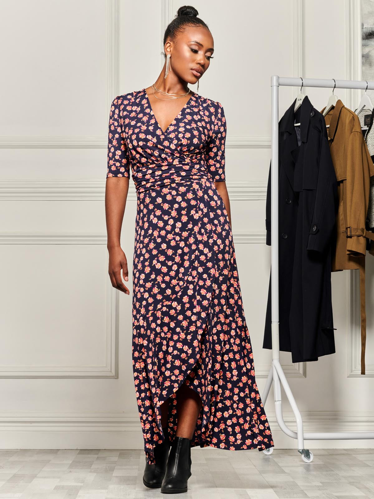 Print Viscose Frill Hem Maxi Dress, Navy Floral