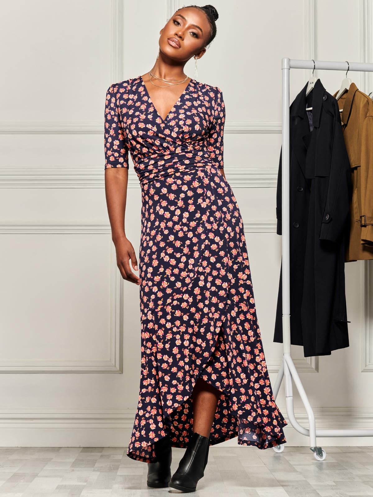 Print Viscose Frill Hem Maxi Dress, Navy Floral