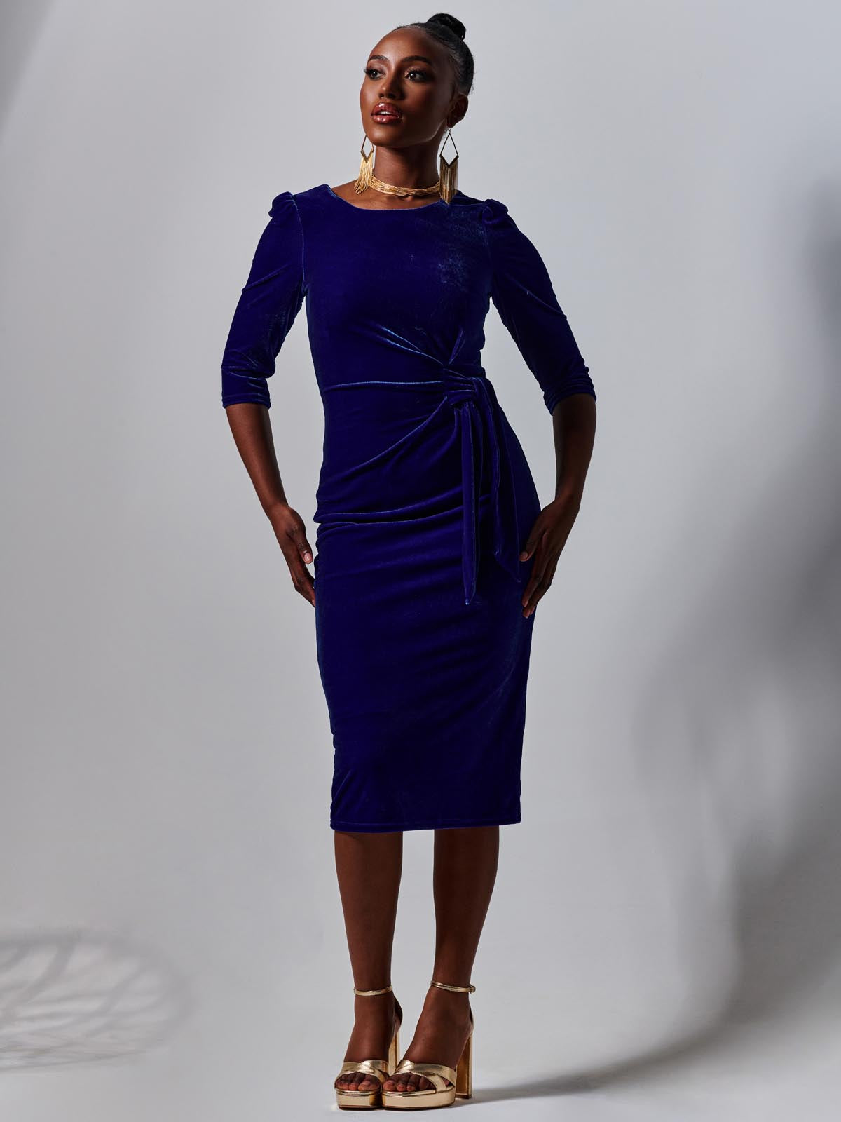 3/4 Sleeve Tie Detail Velvet Midi Dress, Royal Blue