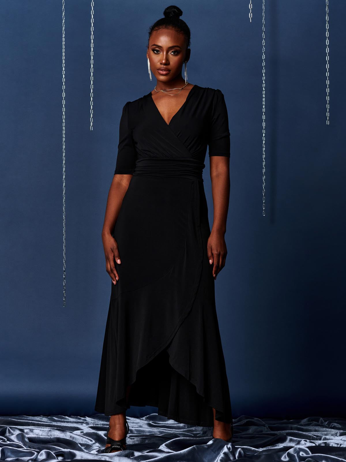 Wrap Front Frill Hem Maxi Dress, Black